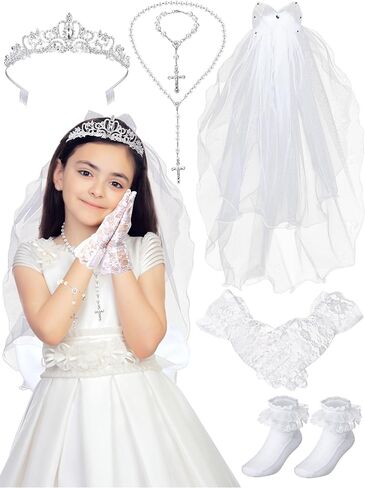 Foaincore 6 Pcs First Communion Veils Set 1st Communion Holy Veil Headpiece Gloves Sock Rosary Necklace Bracelet First Communion Veil Wedding Hair Accessories for Wedding Girl Veil Kids Party in Saudi Arabia