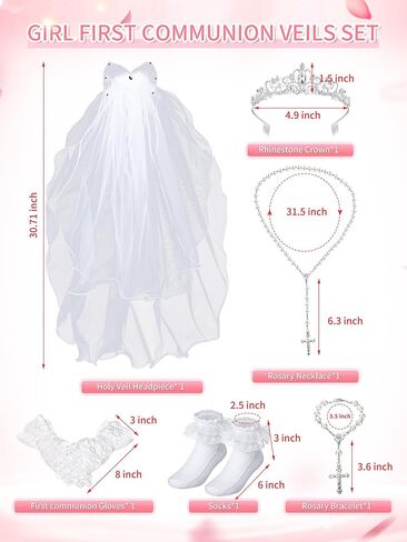Foaincore 6 Pcs First Communion Veils Set 1st Communion Holy Veil Headpiece Gloves Sock Rosary Necklace Bracelet First Communion Veil Wedding Hair Accessories for Wedding Girl Veil Kids Party in Saudi Arabia