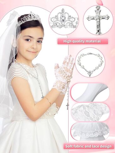 Foaincore 6 Pcs First Communion Veils Set 1st Communion Holy Veil Headpiece Gloves Sock Rosary Necklace Bracelet First Communion Veil Wedding Hair Accessories for Wedding Girl Veil Kids Party in Saudi Arabia