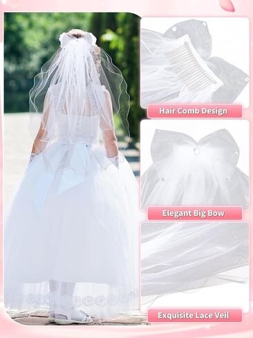 Foaincore 6 Pcs First Communion Veils Set 1st Communion Holy Veil Headpiece Gloves Sock Rosary Necklace Bracelet First Communion Veil Wedding Hair Accessories for Wedding Girl Veil Kids Party in Saudi Arabia