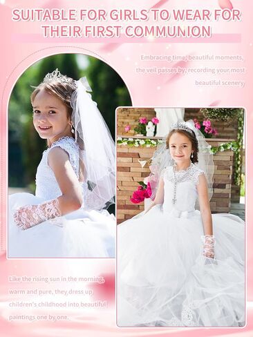 Foaincore 6 Pcs First Communion Veils Set 1st Communion Holy Veil Headpiece Gloves Sock Rosary Necklace Bracelet First Communion Veil Wedding Hair Accessories for Wedding Girl Veil Kids Party in Saudi Arabia