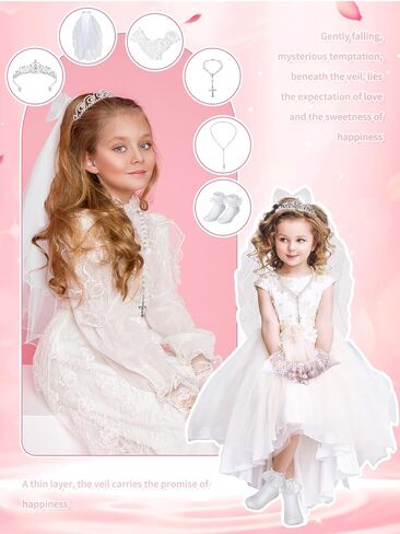 Foaincore 6 Pcs First Communion Veils Set 1st Communion Holy Veil Headpiece Gloves Sock Rosary Necklace Bracelet First Communion Veil Wedding Hair Accessories for Wedding Girl Veil Kids Party in Saudi Arabia