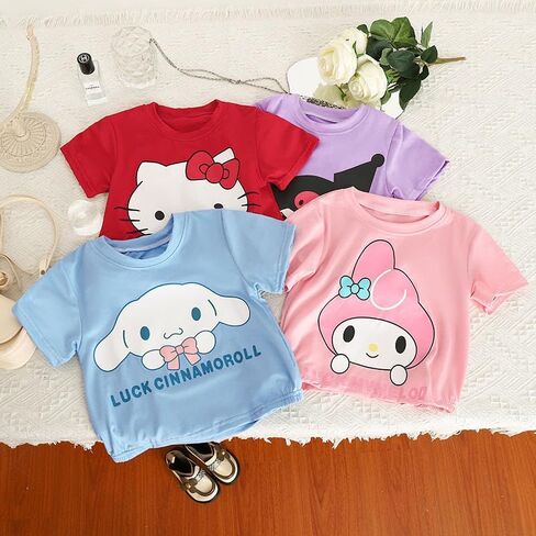KwahKwah فتاة الصيف بلوزات + مجموعة تي شيرتات قصيرة للأطفال Hellokitty طفل 2 قطعة وتتسابق القطن + النايلون تي شيرت رياضي للطفل الكبير الصغير 1-11T in Kuwait