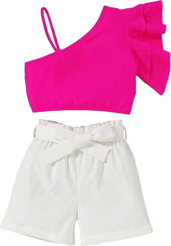 OYOANGLE Girl's 2 Piece Outfits Asymmetrical Neck Ruffle Trim Crop Top and Belted Shorts Set in Saudi Arabia