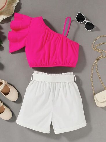 OYOANGLE Girl's 2 Piece Outfits Asymmetrical Neck Ruffle Trim Crop Top and Belted Shorts Set in Saudi Arabia