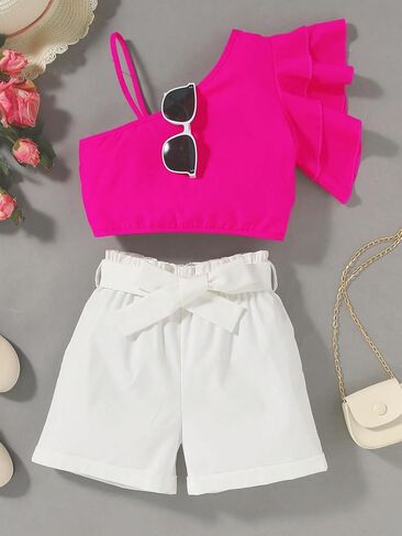 OYOANGLE Girl's 2 Piece Outfits Asymmetrical Neck Ruffle Trim Crop Top and Belted Shorts Set in Saudi Arabia
