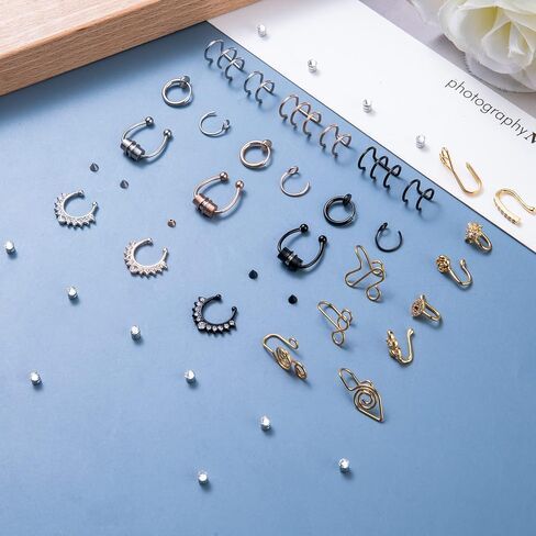 40 قطعة من حلقات الأنف المزيفة من الفولاذ المقاوم للصدأ من LOREMOW للنساء، حلقة الحاجز الصناعي، حلقة الشفاه الصناعية، الكفة الأنفية المزيفة، مجموعة حلقات الأنف غير المثقوبة in Kuwait