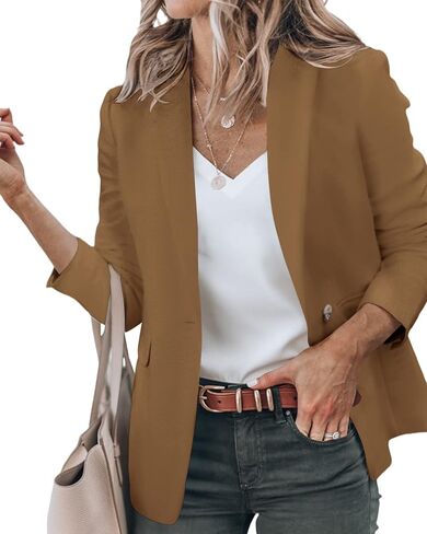 نيو اف ار ار بليزر كاجوال للنساء باكمام طويلة مفتوح من الامام للعمل والمكتب مع جيوب، لون بني، مقاس XXL، بني in Kuwait