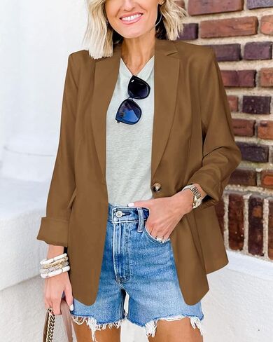 نيو اف ار ار بليزر كاجوال للنساء باكمام طويلة مفتوح من الامام للعمل والمكتب مع جيوب، لون بني، مقاس XXL، بني in Kuwait