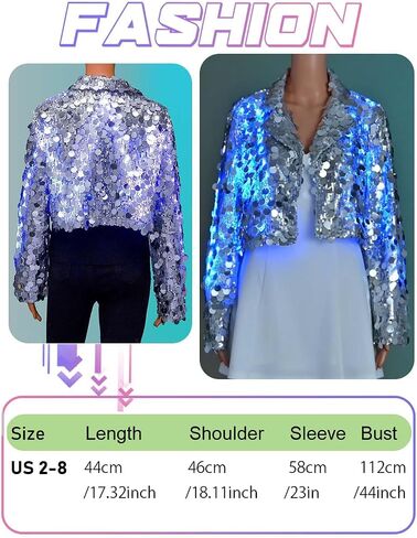 EASEDAILY Women's Light Up Sequin Jackets Open Front Cropped Blazer Coat Sparkle LED Lapel Cardigan Rave Outfit in Saudi Arabia