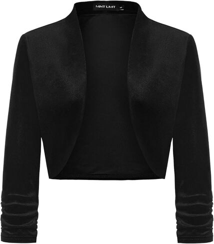MINTLIMIT Women's Velvet Shrug Bolero Ruched 3/4 Sleeve Open Front Short Cardigans Black in Saudi Arabia