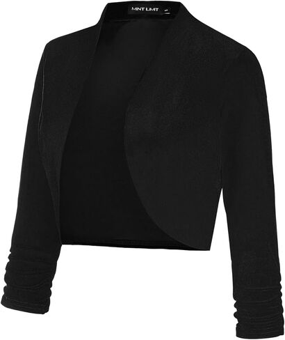MINTLIMIT Women's Velvet Shrug Bolero Ruched 3/4 Sleeve Open Front Short Cardigans Black in Saudi Arabia