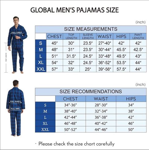 GLOBAL Men's Pajamas Sets 100% Cotton Flannel Sleepwear Long-Sleeve top & Bottom in Saudi Arabia