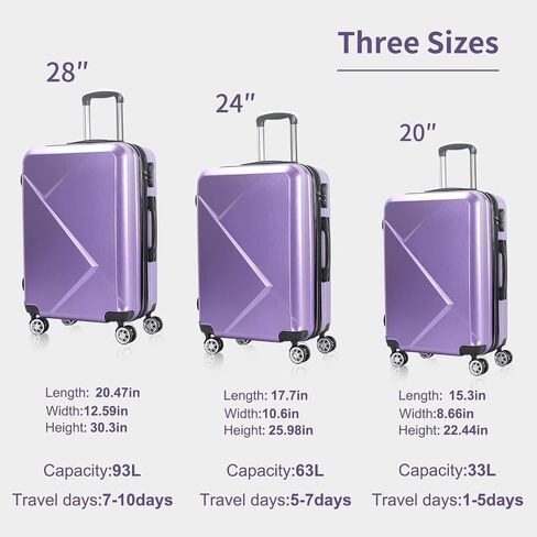 Edtian 3 Piece Luggage Sets, PC+ABS Suitcases (20", 24", 28"), Purple in Saudi Arabia