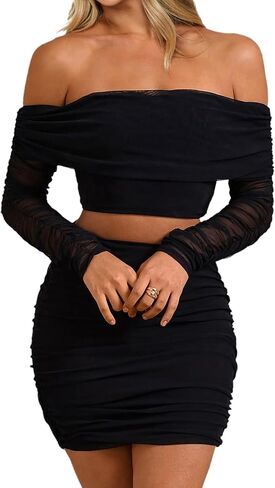 CSDAJIO Women's 2 Piece Club Outfits for Women Ruched Mesh Long Sleeve Off Shouler Crop Top and Bodycon Mini Skirt Set in Kuwait