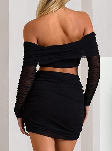 CSDAJIO Women's 2 Piece Club Outfits for Women Ruched Mesh Long Sleeve Off Shouler Crop Top and Bodycon Mini Skirt Set in Kuwait
