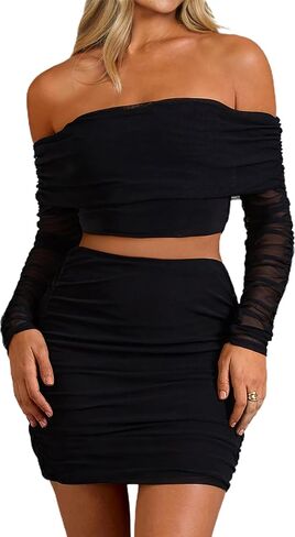 CSDAJIO Women's 2 Piece Club Outfits for Women Ruched Mesh Long Sleeve Off Shouler Crop Top and Bodycon Mini Skirt Set in Kuwait