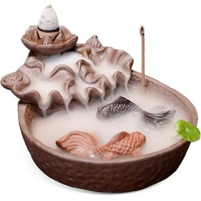 Backflow Fountain Waterfall Ceramic Incense Holders, Backflow Incense Burner Figurine Incense Cone Holders Home Decor Gift Decorations Statue Ornaments (Cyprinus carpio)