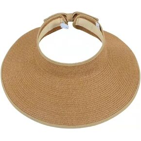 Sun Hat Womens, Summer Beach Visor Hats,Straw Hats Roll-Up Wide Brim Ponytail Hats UV UP Packable Foldable for Traval, Khaki