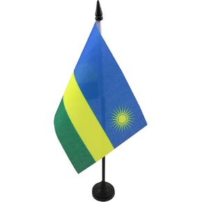 Rwanda Table Flag 4'' x 6'' - Rwandese Desk Flag 15 x 10 cm - Black plastic stick and base - AZ FLAG