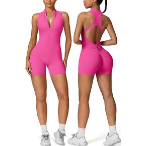 Vertvie Workout Jumpsuits for Women Zip Up Tummy Control Sleeveless One Piece Rompers Shorts V Back Scrunch Yoga Bodysuit