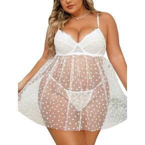 WDIRARA Women's Plus Size 2 Piece Exotic Lingerie Heart Print Mesh Sheer Slips with Thongs Set