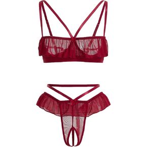 SweatyRocks Women's 2 Piece Lingerie Set Ruffle Trim Mesh Cut Out Low Rise Bra and Panty Underwear Sets