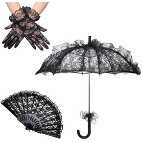 Lace Parasol Umbrella Set Halloween Black Lace Umbrella Parasol Vintage Lace Embroidery Parasol Black Lace Gloves Handheld Folding Fan for Weeding Bridal Dancing Party Halloween Cosplay