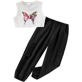 Girls Clothes Summer Outfits Sleeveless Casual Butterfly Print Crop Tank Tops+ Wide Leg Cargo Pants with Pocket 7-14Y