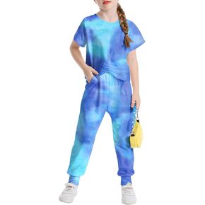 LecGee Kids Girls Tie Dye 2 Piece Sets Shortsleeve Twist Front Tops & Sweatpants Outfits Sweatsuits Tracksuits 4-13 Year