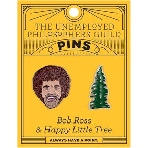 The Unemployed Philosophers Guild Bob Ross and Happy Tree Enamel Pin Set - Strong Rubber Backing Clasps