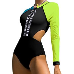 AFAVOM Womens Rash Guard One Piece Swimsuit Beach Surfing Sexy Bathing Suit Zip Front Color Block Tummy Control Swimwear