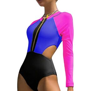 AFAVOM Womens Rash Guard One Piece Swimsuit Beach Surfing Sexy Bathing Suit Zip Front Color Block Tummy Control Swimwear in Kuwait