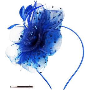 Fascinators Hats for Women Tea Party Hat Kentucky Derby Hat Fascinator Headband Wedding Headpiece Mesh Flower Feather Hair Clip (Blue)