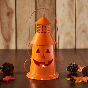 VHC Brands Metal Tealight Holder Halloween Lantern Orange 12x8x6, Kitchen Dining Table Candle Holder, Pumpkin Decor for Fall and Halloween