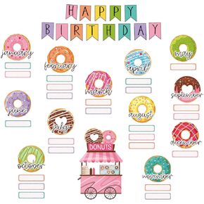 62Pcs Donut Cut-Outs with Glue Points Happy Birthday Cutouts Sweet Donut Time Paper Cutting for Party Supplies Classroom Bedroom Bulletin Board Decor