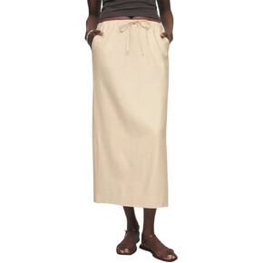 IDEALSANXUN Womens Cotton Linen Skirts Trendy Elastic Waist Drawstring Long Skirts with Slit
