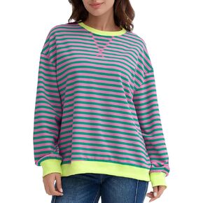 Women Striped Oversized Sweatshirt Long Sleeve Crew Neck Shirt 2024 Color Block Trendy Pullover Top Clothes