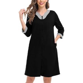 SWOMOG Women Zipper Front Robe 3/4 Sleeve House Coat Zip up Bathrobes Lightweight Nightgown with Pockets S-XXL