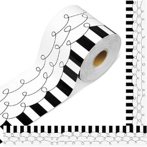 68.9ft Black and White Bulletin Board Border Black White Squiggles and Stripes Classroom Borders Trim Rolled Die Cut for Bulletin Board Chalkboard School Teachers Wall Decor(Straight)