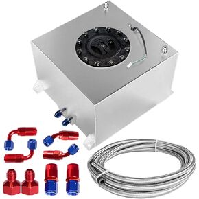 Universal 5 Gallon 20L Fuel Cell Polished Aluminum Fuel Tank with Cap/Level Sender/12FT Oil Feed Line Silver