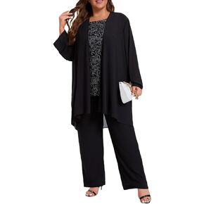 Women's Plus Size Mother of Bride Pant Suits 3 Piece Chiffon Elegant Sets Lace Wedding Guest Outfit