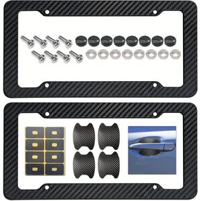 BGGTMO License Plate Frames, Plastic Black Carbon Fiber Car Tag Number Plate Holder, 2 Pack 4 Holes Front Rear Frames with Screws Caps