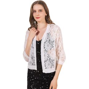 3/4 Sleeve Lace Cardigan for Women Open Front Floral Crochet Bolero Shrug Summer Beach Cover Ups Lace Top