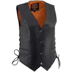 Milwaukee Leather ML1254 Women's Black Naked Leather Side Lace Motorcycle Rider Vest W/Milwaukee Logo Snaps Closure