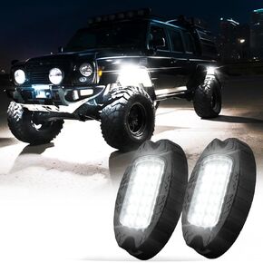 16 Pods Alloy Pure White LED Rock Lights for Semi Truck Sedans Trailer Offroad Pickup, IP68 Waterproof Shockproof 6500K Super Bright Metal Underglow Kit with Extension Wires Under Car Lighting
