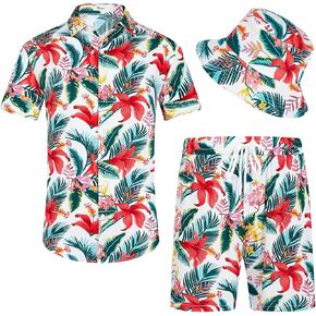 Hawaiian Shirt Outifits for Men and Shorts Outfits 3 Piece Vacation Outfits with Bucket Hats