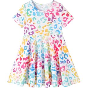 PATPAT Girls Short Sleeve Dresses Skater Twirly Stretch A-line Toddler Casual Swing Dress