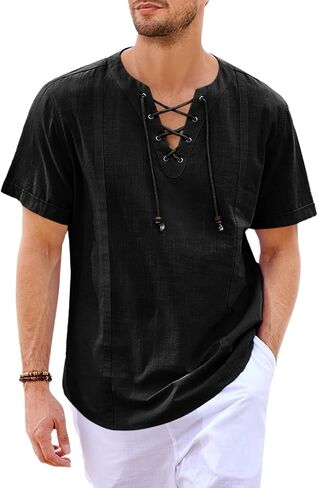 Runcati Mens Pirate Shirts Lace Up V Neck Medieval Viking Costume Tops Linen Drawstring Shirt in Saudi Arabia