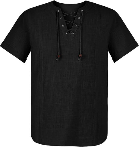 Runcati Mens Pirate Shirts Lace Up V Neck Medieval Viking Costume Tops Linen Drawstring Shirt in Saudi Arabia